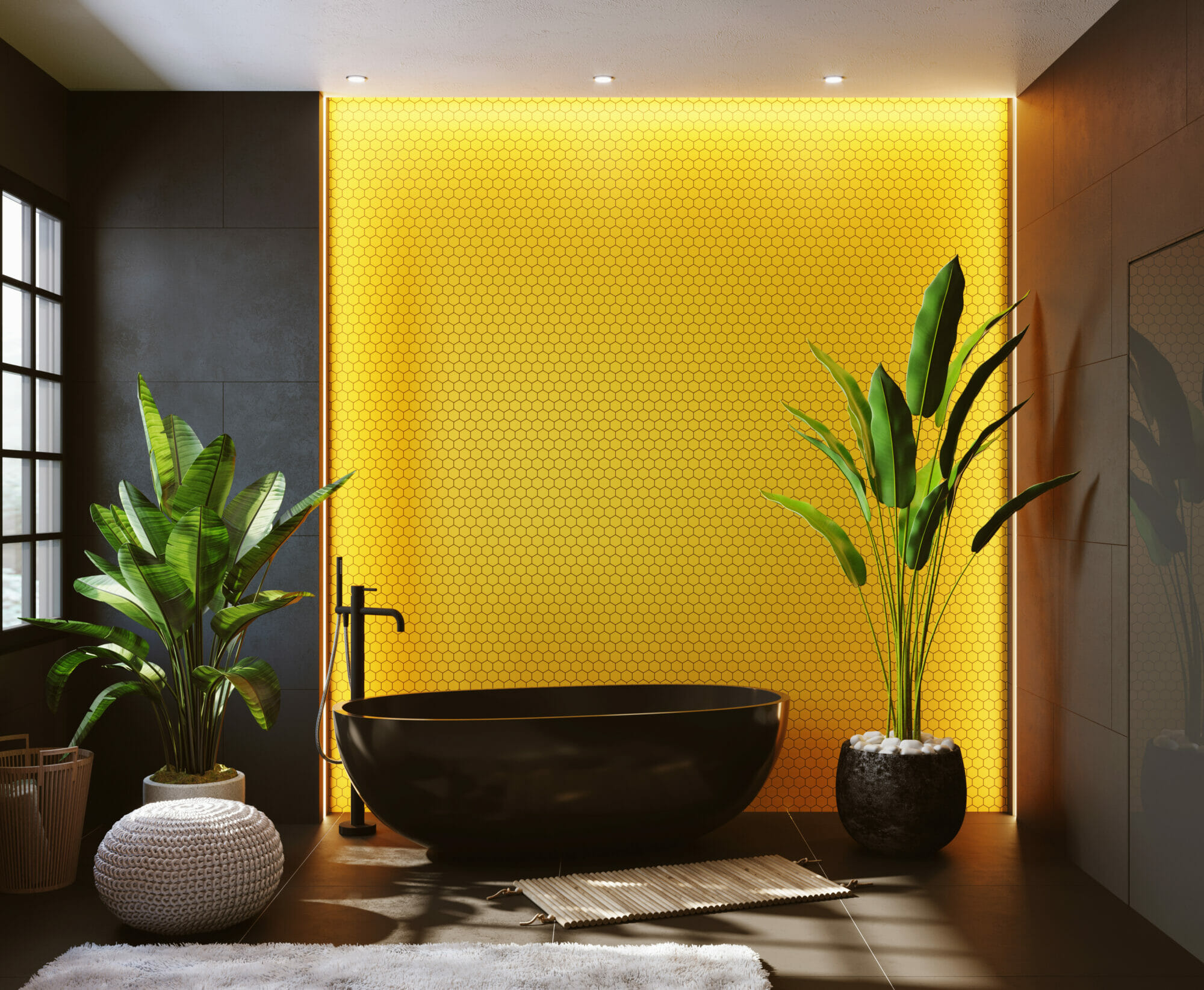 yellow honeycomb tiled wall with decor